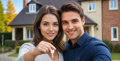 A happy young couple, a boy and a girl, who bought their own house, hold the key in their hands. Couple young man and woman in front of house