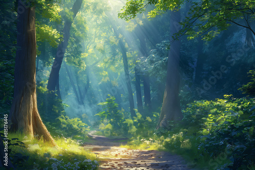 The magical beauty of a lush forest bathed in dappled sunlight