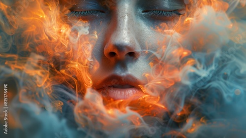 A woman's face is covered in flames and smoke, AI