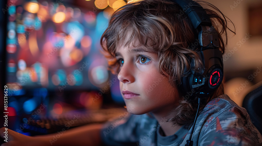 A little boy is playing video games with headphones. The concept of games and entertainment. A little boy is playing video games with headphones. The concept of games and entertainment.