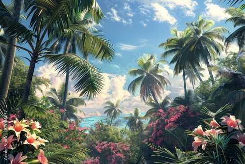 Tropical paradise with lush foliage  vibrant flowers  and serene beach