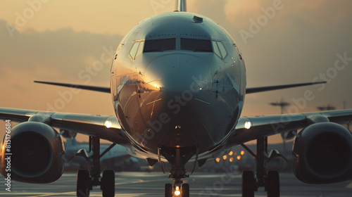 Passenger plane at the airport at sunset. Close-up. A plane with a sunset background is standing at the airport and waiting for departure.