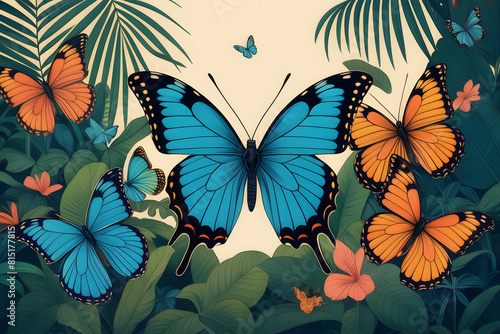 Vibrant tropical butterflies flutter amidst lush jungle foliage, their kaleidoscopic wings ablaze with colors, in a mesmerizing dance of nature's beauty