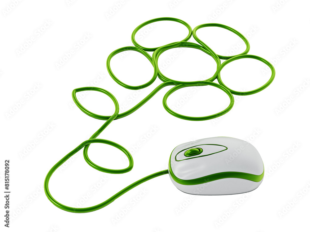 Mouse connected to cable forming a flower shape isolated on transparent background. 3D illustration Mouse connected to cable forming a flower shape isolated on transparent background. 3D illustration