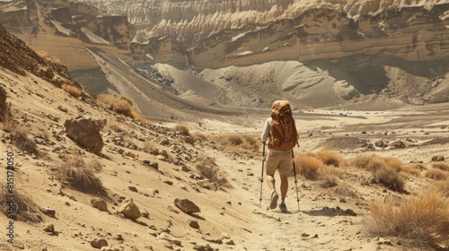 A lone hiker with a backpack ventures into a vast  sunlit canyon  walking on a rugged dirt path amidst arid terrain.