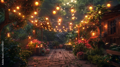 A cozy evening courtyard decorated with lights. A place for parties.