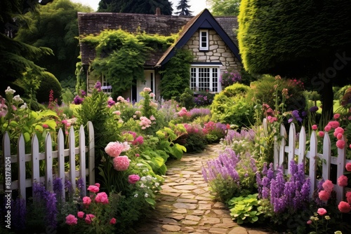 English Cottage Garden - a quaint garden with colorful flowers like roses, lavender, and foxgloves, surrounded by a picket fence, with a stone pathway and a small bench. 