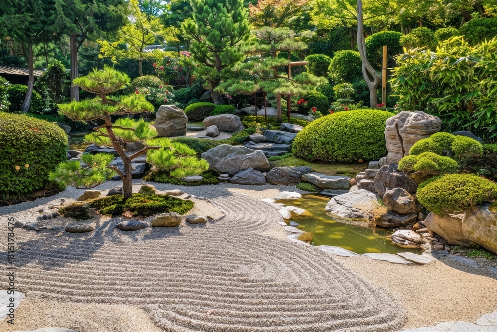 Fototapeta premium Tranquil Japanese garden with raked sand, stones, and manicured shrubs.