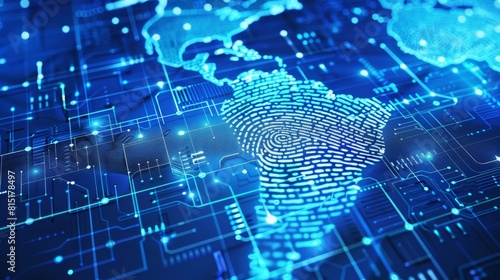 Image of online biometric fingerprint, markers and data processing over world map 