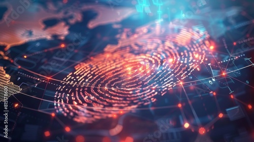 Image of online biometric fingerprint, markers and data processing over world map 