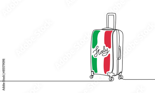 Travel destinations Italy. Vector continuous line, suitcase, baggy. Journey concept. Tourism, vacation. Banner in the colors of the Italian flag