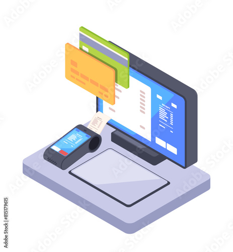 Digital payment concept with cards popping out of a computer monitor, isometric style on plain background, 3d vector illustration