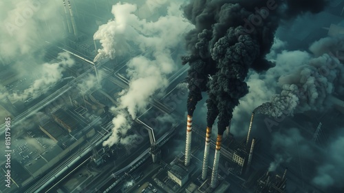 A coal power plant depicted with towering pipes emitting thick black smoke  symbolizing the environmental pollution caused by industrial activities. This illustration highlights the atmospheric 