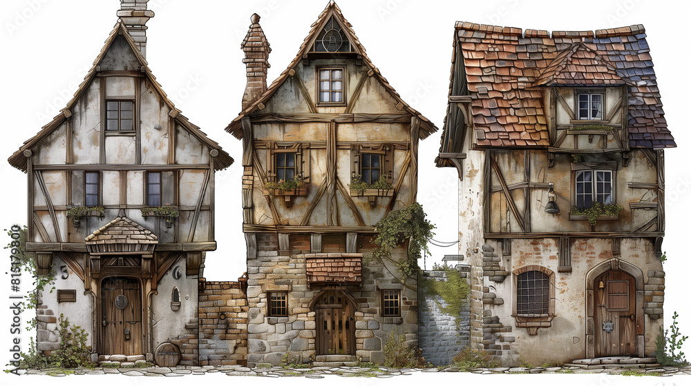 Medieval house assets with white background