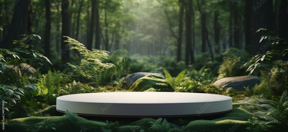 Podium background product green nature 3D forest stand white plant. Cosmetic background product podium display wood jungle studio garden beauty platform presentation mockup pedestal stone tropical Podium background product green nature 3D forest stand white plant. Cosmetic background product podium display wood jungle studio garden beauty platform presentation mockup pedestal stone tropical