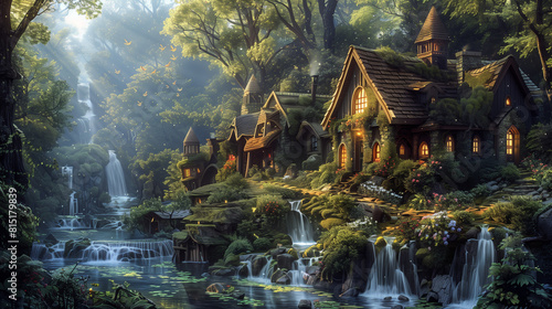Fantasy faerie village next to river at sunrise