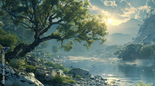 Sunset by a lake with mountains and a lone tree