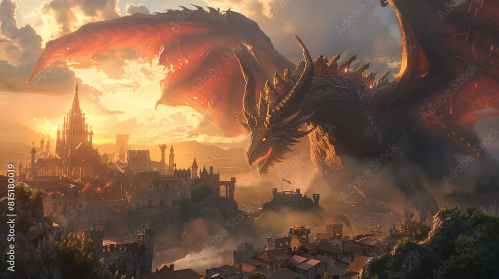 Obraz premium A giant dragon attacking a medieval fantasy city