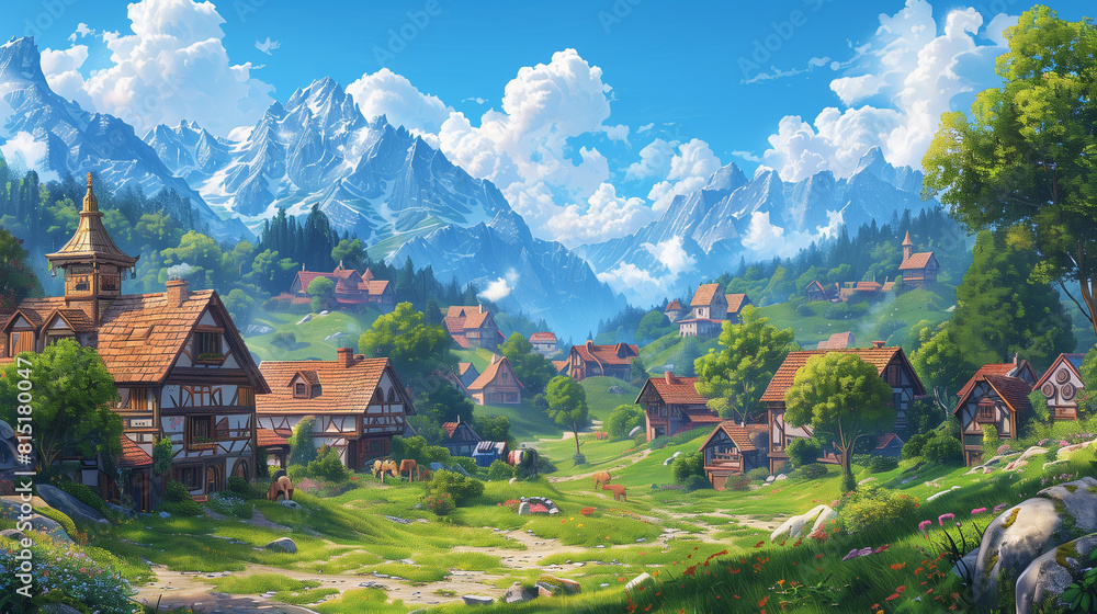 Anime style fantasy village with mountains in background