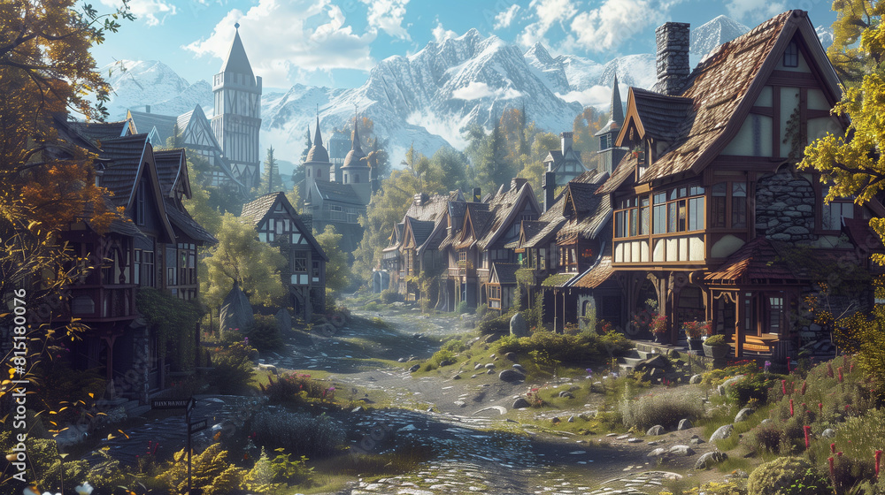 Obraz premium Medieval fantasy town with mountains in background