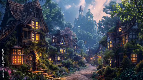 Fantasy elf village at dusk