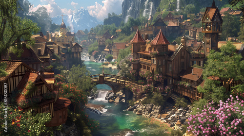 Fantasy town on a river with mountains in the background © DJRankine