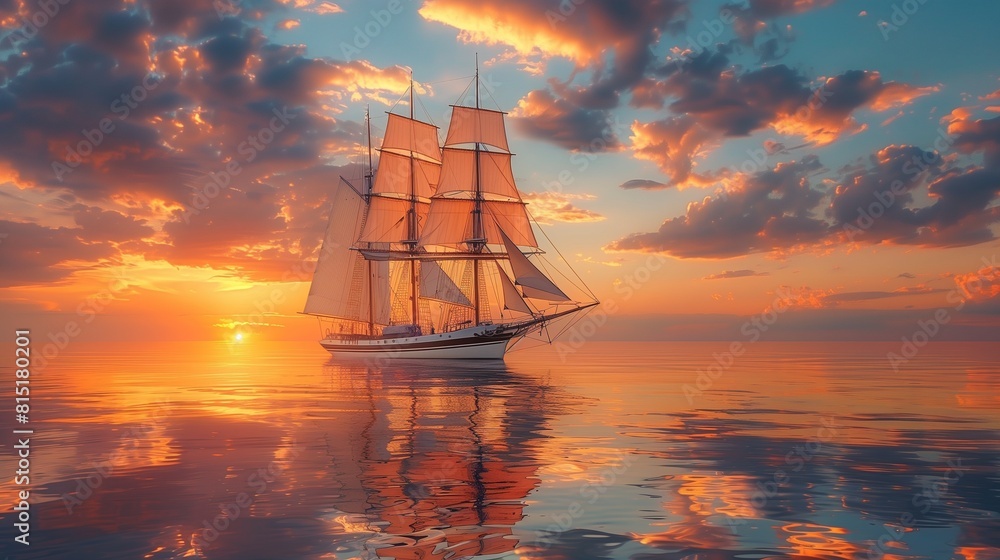 Sailing Boat on a Calm Sea at Sunset, Tranquil Maritime Scene with Copy Space