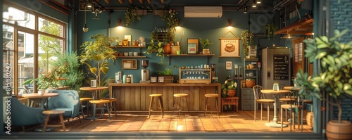 Isometric coffee shop scene  cozy decor  3D model  soft morning light filtering in
