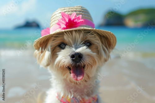 A cute Dog wearing beachwear chilling at beach, enjoying summer season at the beach, realistic photo  © H_designs