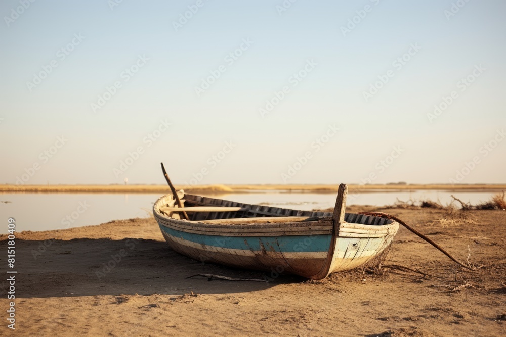 A weathered wooden boat lies abandoned on a parched riverbed, evoking a sense of desolation and change. Abandoned Wooden Boat on Dry Riverbed