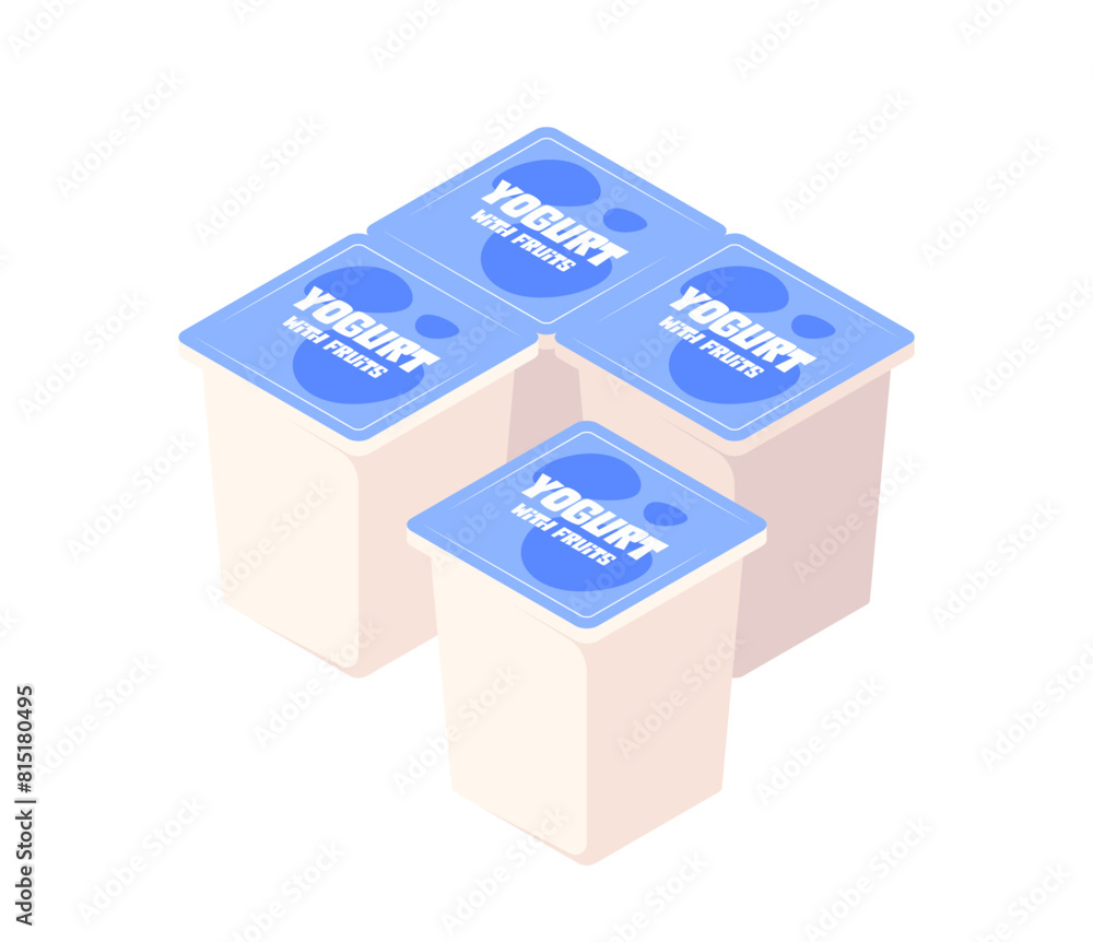 Illustration of four yogurt packages arranged in a pattern, isometric style, on a light background, concept of dairy products. Vector illustration isolated on white background Illustration of four yogurt packages arranged in a pattern, isometric style, on a light background, concept of dairy products. Vector illustration isolated on white background