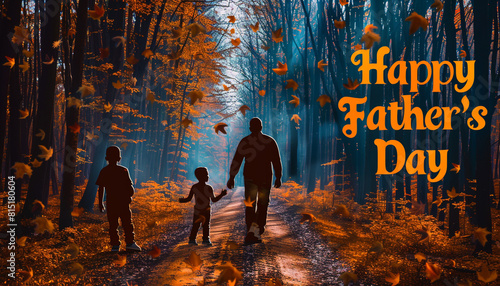 A stretched autumn forest scene in a 7:4 ratio, with the father and son's silhouettes playfully located in the left corner. "Happy Father's Day" shines brightly in bold lettering in the right corner.