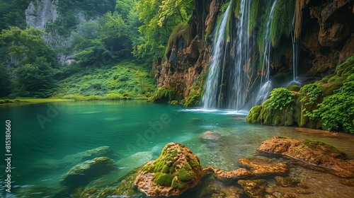 Serene Waterfall in a Lush Green Forest  Natural Scene with Left Side Copy Space