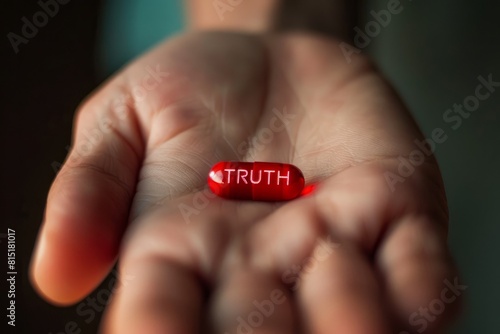 Close up of hand holding red pill with word TRUTH on it. Truth Pill