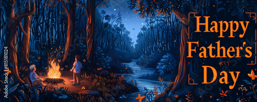 A tranquil forest scene at night with a campfire in the left corner  suggesting a father and child s presence.  Happy Father s Day  is displayed prominently in the right corner.