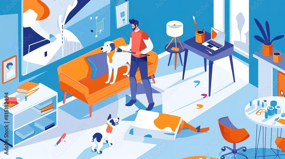 A man and his two dogs in a living room. The man is holding a paintbrush and there is paint on the floor. The dogs are looking at the man. A man and his two dogs in a living room. The man is holding a paintbrush and there is paint on the floor. The dogs are looking at the man.