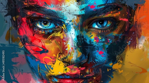 Aigenerated colorful graffitistyle artwork depicting a closeup of a human face