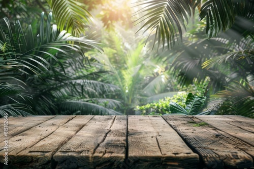 A wooden table with a view of a lush jungle. The table is empty and the jungle is full of trees and plants.