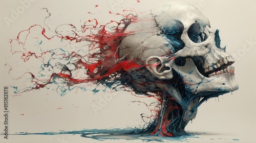 A painting of a skull with red and blue paint splattered on it, AI