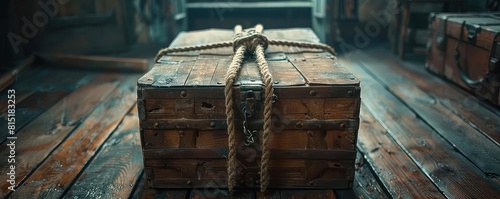 Ropes pulling a heavy idea box on a vintage wooden floor, dimly lit, low angle