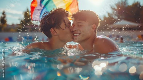 Samesex couple shares a tender moment  lounging in a sunlit pool with a rainbow flag in the background