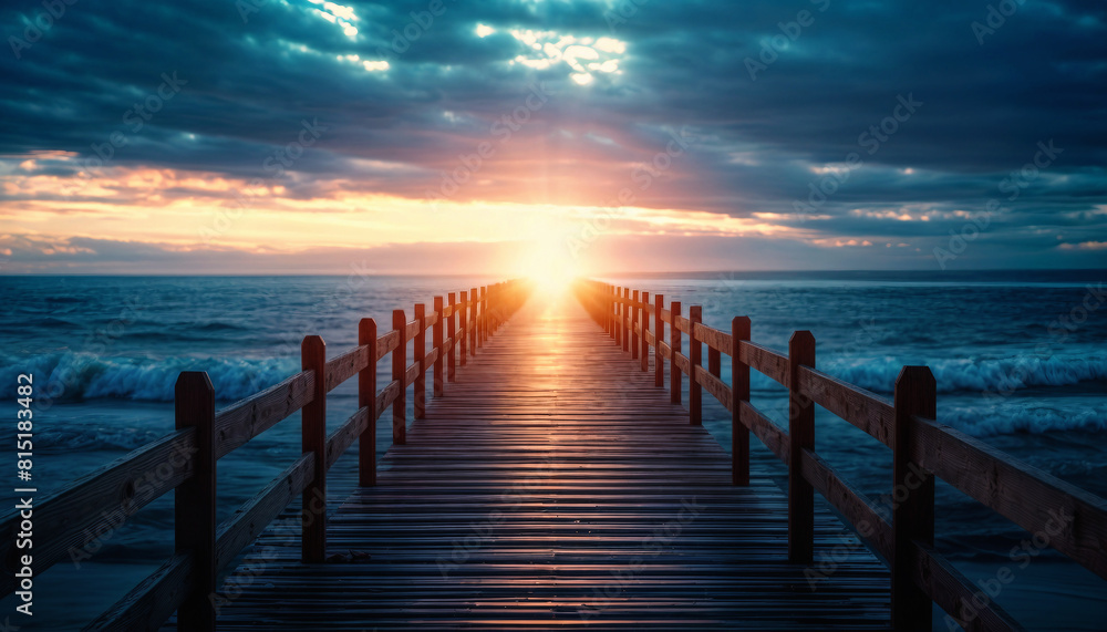 Obraz premium Pier at sunset. Sea pier in the light of sunlight