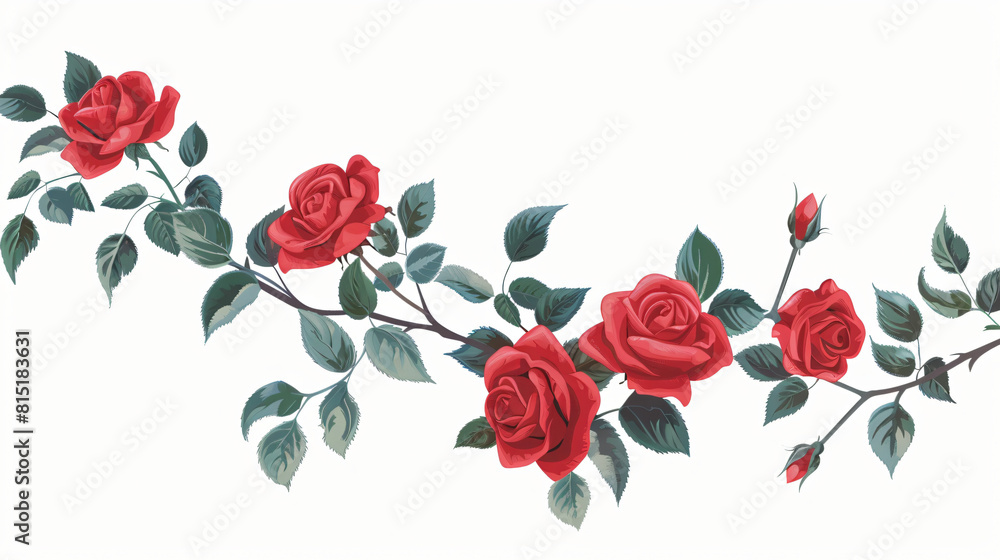 Vector branch of red roses and green leaves
