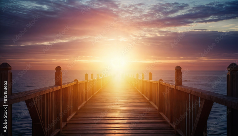 Fototapeta premium Pier at sunset. Sea pier in the light of the evening sun glare