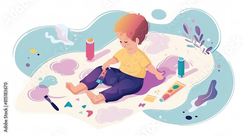 A young boy sits on the ground  painting on a large canvas