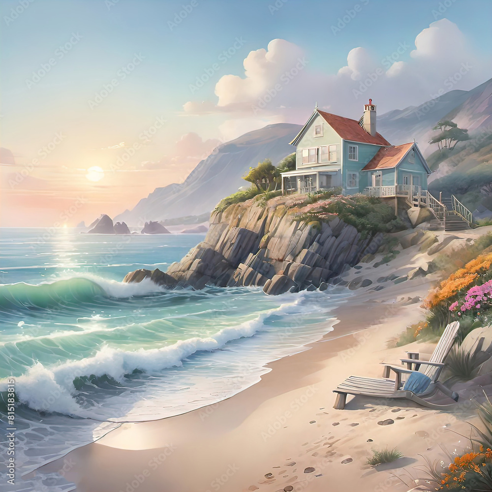 Fototapeta premium Watercolor illustration, romantic beautiful seaside landscape with boats during sunset, background for smartphone, giclee, illustration for print and interior decoration,
