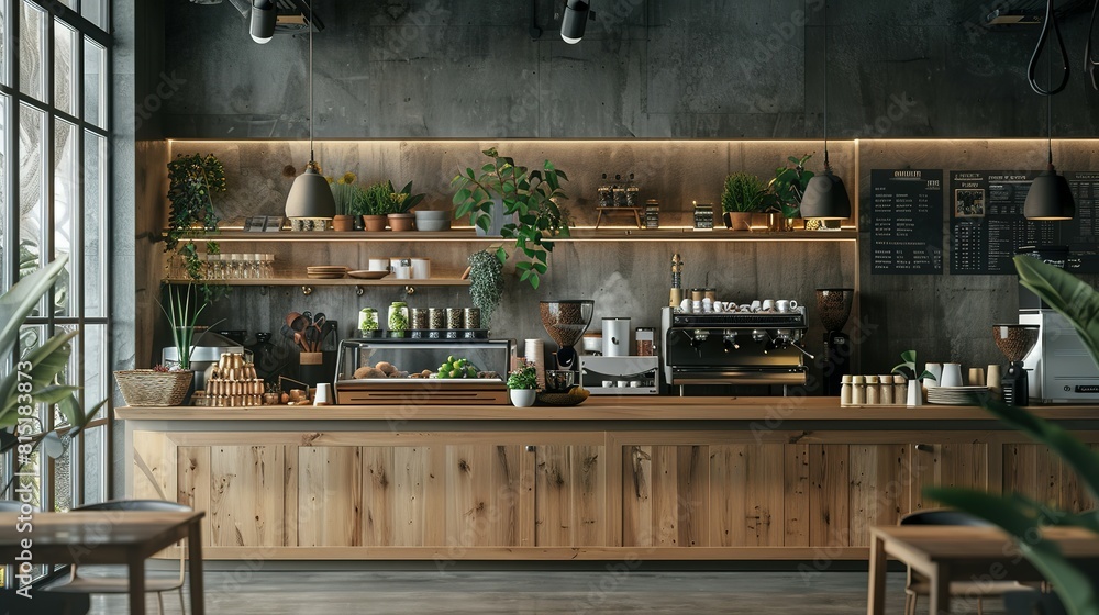 Wooden and gray coffee shop interior background, Wooden and gray coffee shop interior background,