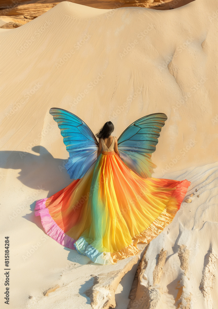 Portrait of a beautiful young woman with a big smile wearing a creative dress made of colorful butterflies, with warm, gentle, and soft colors during a sunny day Portrait of a beautiful young woman with a big smile wearing a creative dress made of colorful butterflies, with warm, gentle, and soft colors during a sunny day