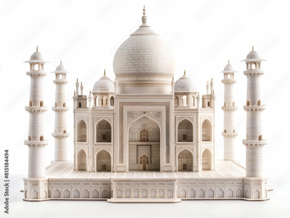 Taj Mahal A miniature Taj Mahal, showcasing its white marble symmetry and intricate Islamic art, isolated on white background.