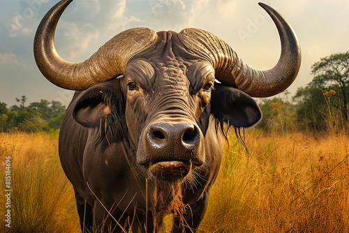 Bull With Large Horns in Field